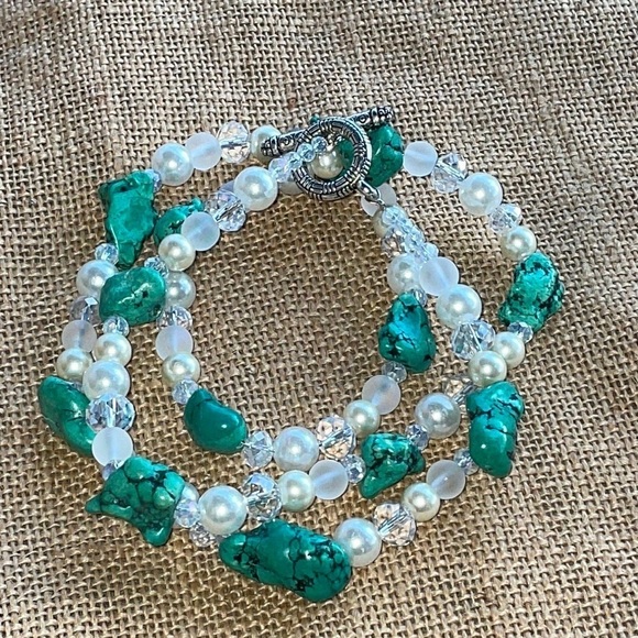Chunky Turquoise & Pearl Crystal Multi-Strand bracelet / Necklace Handmade Rare - Picture 4 of 8
